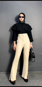 Celana Knit Waffle Slit - Celana Kulot Wanita Highwaist Waffle Knit Korean Style - Losse Pants Kekinian - Basic Sterch Cutbray