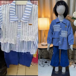 Setelan cargo jeans anak perempuan kemeja  mix brukat usia 3 - 10 tahun motif stripe salur celana cargo jeans korean style model kekinian set tunik salur anak terbaru 2024 - COD