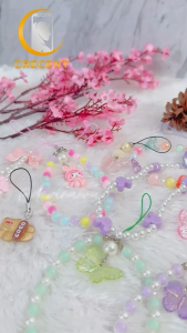 Strap Lanyard Tali Gantungan Gelang HP Phone Charm Handphone Device Kamera Tas Handmade Macaron Candy Lanyard Full Warna Korean Style Black Pink Estetik Bracelet Beads Butterfly Smile Pearls Mutiara Ribbon Pita Flower Bunga Heart Hati Choco Karakter
