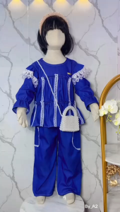 SET QUINN LENGAN RENDA ANAK PEREMPUAN USIA 3 - 12 TAHUN / SETELAN DENIM CELANA CARGO - ONE SET KOMBINASI VIRAL ANAK TERBARU