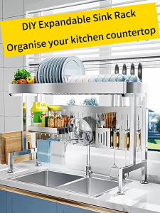 304 Stainless Steel Dish Rack with Drainer Over The Sink Adjustable Dish Rack Organizer Cabinet Plates Organizer Storage Kitchen Racks Organizer Shelf