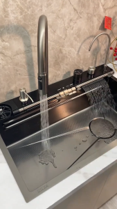 New Waterfall Kitchen Sink 304 Stainless Steel Sink With Multifunction LED Waterfall Digital Display 5MM thick lababo kitchen sink set honeycomb pattern