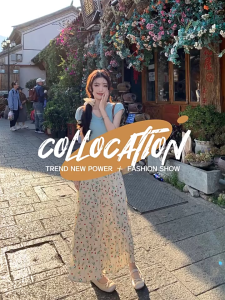 ส่งไวจากไทย ลายดอกไม้ชีฟองสไตล์ฝรั่งเศส กระโปรงยาวปานกลาง กระโปรงเอเอวสูงวินเทจดูผอม(2029)