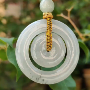 Semi Translucent with mix of Wuji Buckle of mother and child Donut Natural Type A Jadeite Pendant symbols of Peace wishfulness happiness and auspiciousness certificate included weigh 18.72 grams 41.3 * 5.6 mm suitable for daily wear (pendant71)