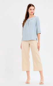 Krizia Front Pleats 3/4 Long Sleeve Blouse With Necklace