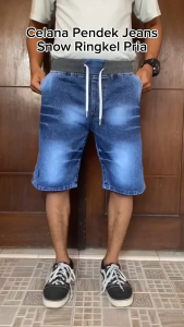 Celana Pendek Jeans Pria Dewasa Pinggang Melar Tali Kolor Cowok Model Terbaru 2024