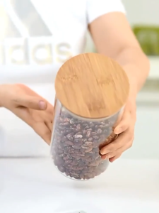 แก้วบอโรซิลิเกตสูงขวดแก้วพร้อมฝาไม้ ขวดแก้วสุญญากาศ ขวดแก้วพร้อมฝาปิด โถเก็บเมล็ดกาแฟ โถเครื่องเทศ โถเก็บความชื้น ถั่ว โถเก็บชาหอม โถเก็บของอเนกประสงค์ในครัว