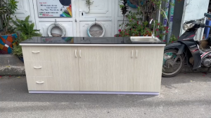 Tủ Bếp Nhựa Đài Loan Cao 81cm Ngang 2m02 Sâu 42cm ( Mặt Bếp 45cm)  Bồn Đơn Màu Gỗ Sồi  Mặt Gạch Đen TB002
