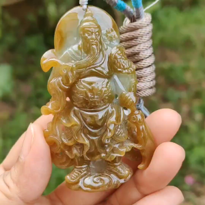 Special Sales - Very Rare Brown and Light Green Natural Type A Jadeite Jade crafted with Guan Gong as Pendant with certificate weigh 66.01 grams measurement 70 * 43.7 * 18 mm (pendant228)