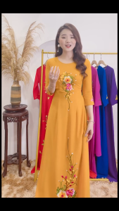 Áo dài nữ tằm ý màu vàng thêu hoa đủ size SMLXLXXL3XL