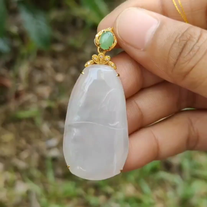 Icy Translucent Natural Type A Jadeite Jade crafted as Bamboo set on 18k gold with diamonds as Pendant certificate weighs 9.99 grams measurement 38.2 * 21.6 * 4.9 mm (18kp40)