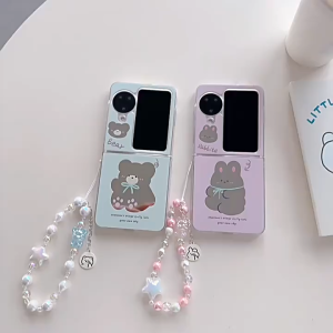 เคสโทรศัพท์มือถือสำหรับ OPPO Find N3 Flip  Find N2 Flip เคสกระจกพิมพ์ลายกระต่ายและหมี น่ารักๆ มีรุ่นสายคล้องมือ