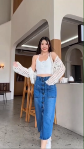 Acasey กระโปรง ผ้ายีนส์ งานใหม่ ผ้าไม่ยืด เอวสูง กระดุมเรียง แต่งกระเป๋าหน้า สุดปัง ไซส์ S - XL