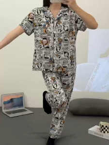 Y&L Fashion #B016 Cartoon Printed Polyester Fabric Short Sleeve Pants 2in1 Pajama Set