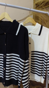 Haruka Stripe Cardigan Basic Kancing Gold Tebal Premium | Cardi Garis Kancing | Button Cardigan Kancing | Rajut Premium | Atasan Wanita | Fashion Wanita