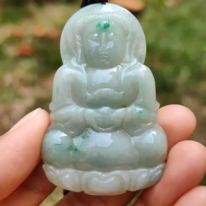 Light green with green patches Natural Type A Jadeite Jade crafted with Guanyin as Pendant with certificate weigh 17.28 grams measurement 56.3 * 37.3 * 5.9 mm (pendant201)