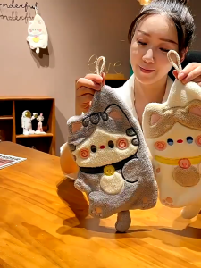 【Prime deal】 Blisful น่ารักผ้าเช็ดมือแมวห้องครัวห้องน้ำผ้าเช็ดมือเด็กพร้อมเชือกแขวนลูกแมวแห้งเร็วผ้าดูดซับปะการัง