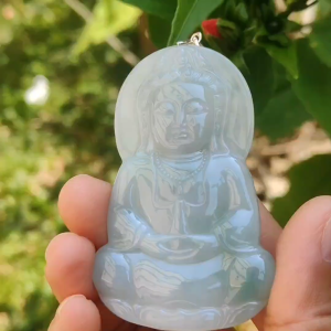 Old school Light Green Natural Type A Jadeite Jade Pendant Necklace Crafted as Guanyin with certificate weigh 33.21 grams measurement 66 * 42.7 * 6.8 mm (pendant188)
