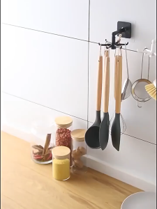 360 Degree Rotatable 6 Hooks Kitchen Utensil Hanger Self Adhesive Wall-mounted No Drilling Top/Side-hanging Home Bathroom Closet Cabinet Organizer Holder