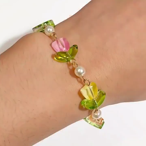 GIFTER 20 Set Mix Color Glass Material Tulip Beads with Leaves Flower Beads for DIY Jewelry Making