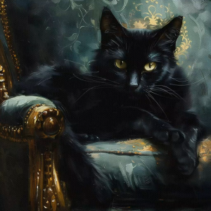 Tranh phong thủy mèo đen đang nằm trên ghế quý tộc chất liệu sơn dầu tranh treo tường dán tường.CGI-867