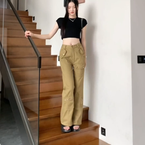Saku Besar Pinggang Tinggi Vintage Jeans Untuk Wanita Celana Kerja Lurus High Waist Celana Fashion Kasual Celana Gaya Amerika Lebar Kaki Celana