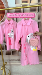 Dress Kemeja Anak Perempuan Motif Pink Rabbit Korean Style