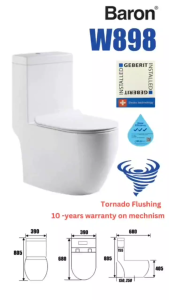 Baron Rimless Tornado Flush One Piece Toilet Bowl | Geberit Flushing System | Baron W898 WC