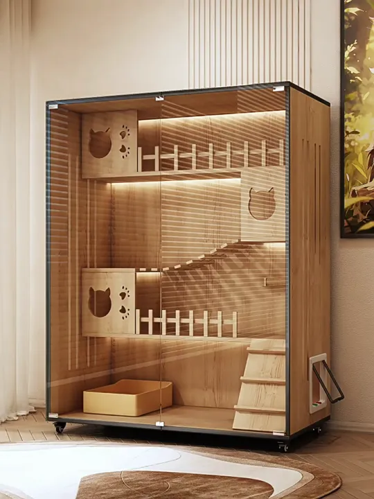 F&G บ้านแมววิลล่าสามมิติหลายชั้น ไม้แท้ ฟรีถาดทรายแมว