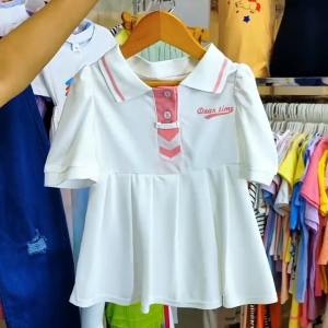 Girls dress summer 2024 new girls bubble sleeves college style polo dress childrens Korean version dress