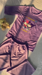 Setelan Anak Muslimah Karakter My Melody & Kuromi - Baju Lengan Panjang & Celana - Bahan Baby Terry - Usia 3-11 Tahun - Warna Cerah