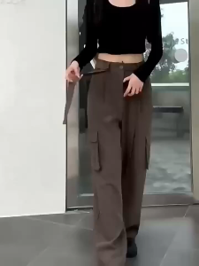 [Sabuk]High Waist Celana Kasual Wanita Celana Kaki Lurus Retro Celana Kaki Lebar Loose Celana Setelan Bertali Celana cargo panjang