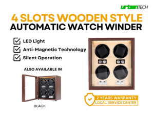 Elegant 4-Slot Premium Wooden Watch Winder with LED Lighting and Silent Operation 5-Speed Adjustment - New