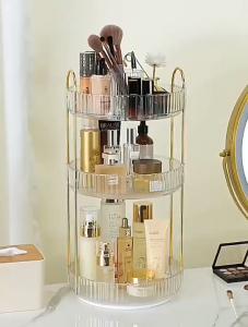 2 Layer Rotatable Round Storage Rack Cosmetic Organizer Multifunctional Space Saver Make up Skincare Holder Desk Stand
