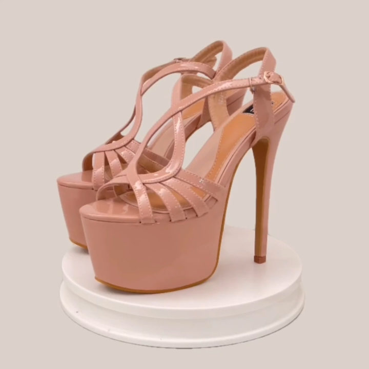 Elegant Nude Patent Leather Mules with High Heels Inches and Strappy  Detail
