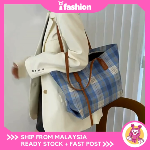 iFASHION 1428 Women Grid Design Canvas Shoulder Tote Bag Big Capacity Wanita Kapasiti Besar Beg Kanvas