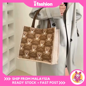 iFASHION 1645 READY STOCK Women Bear Series Canvas Burlap Fabric Tote Jute Soft Linen Shopping Grocery Bag Beg Telekung Balik Kg