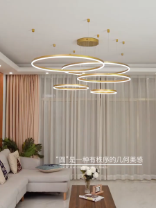 Lampu Gantung Ring Lampu Plafon Ruang Tamu Minimalis Modern LED 3 Warna Gold 5 Ring 100cm Pendant Light chandelier Kamar Tidur Ruang Makan Remote Control MOOISHC