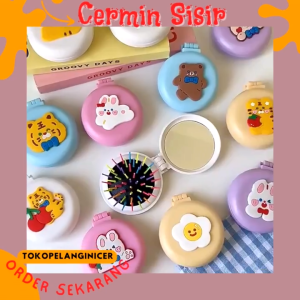 Sisir Rambut Kaca Portable Bulat Mini Cermin Sisir Karakter
