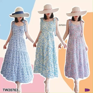 TW20763 เดรสทรงสายเดี่ยวผูกโบว์ ลายดอกไม้ ..