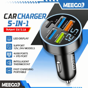MeeGoo USB 5 In 1 Car Charger 5 Ports PD Fast Charging USB Type C Phone Adapter Chargers LED Display Monitors Car Battery Voltage 12V 24V Auto Phone Charging Converter Pemuatan kereta 5合1车载充电器