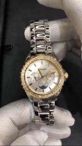 Adriatica Womens Multifunction Moonphase Swarovski Crystals Bezel Watch A3803.2113QFZ (Gold)