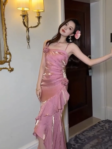 ZYHT EraVogue เดรสผู้หญิง เดรสสีชมพู เดรสสายเดี่ยว เดรสซาติน เดรสทำงาน เดรสไฮโซ เดรสวินเทจ เดรสออกงาน เดรสปาร์ตี้ ชุดราตรี 80172