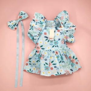 【Daily Deals】 Whisker Blue Floral Print Set Dog Dress for Shih Tzu Bowknot Hairpin Puppy Female Flower Clothing Baby Cat Dress Pet Birthday Gown