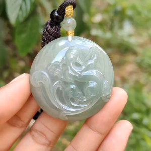 Premium Quality Light Green Natural Type A Jadeite Jade Pendant Necklace crafted with Old School Style Dragon certificate included weigh 29.48 grams measurement 42 * 42 * 11 (pendant174)