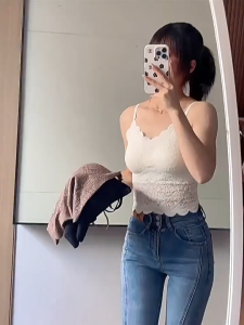 LNR Shop Tanktop Import Full Brukat Dengan Tali Bisa Disesuaikan Adjustable dengan Cup Pad Bra Busa Empuk Ruffle Bahan Cotton + Seamless Atasan Dalaman Outer BH Dalaman Kasual Tanpa Lengan Singlet Tanpa Kawat Kamisol Tank Top Crop Top
