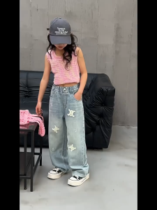 Summer Korean Style pants for Kids girl Maong pants Pink Embroidered Straight-Leg Maong Jeans for Teens girl Baggy pants Denim Trousers  7-15 Years Old