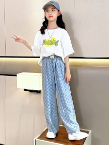 New Korean Loose Pants for Kid Girl Summer High Quality Wide Leg Pants Maong Pants Ice Silk Casual Baggy Trousers 7-16yrs
