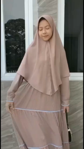 Gamis Umrah Syari Set Hijab Variasi List Wolfis | Dress Dewasa Muslimah Revi Polos  Set khimar Wolfis Premium
