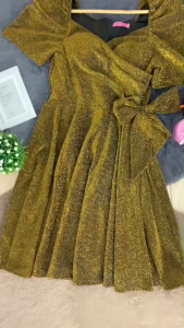 SG936 เดรสออกงานกระโปรงทรงA แขนมีสม็อก อกเสริมฟองน้ำ โบว์ผูกข้างเอว